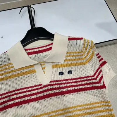 Knitted Polo Shirt Cream Red Yellow Striped