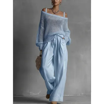 Blue Knit Off Shoulder Sweater Light Blue Casual Top