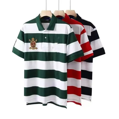 Striped Polo Shirt Green White Casual