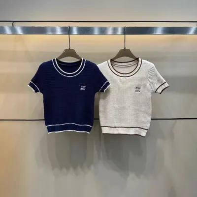 Miu Miu Knit Crop Top Navy Blue Casual T-Shirt