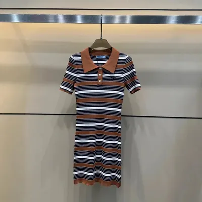 Striped Knit Polo Dress Brown White Navy Casual