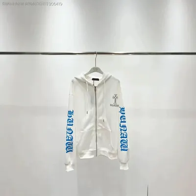White Zip-Up Hoodie With Blue Sleeve Print Casual Sweatshirt