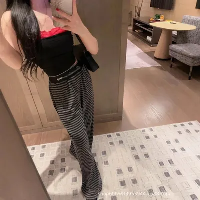 Striped Black Gray Wide Leg Pants Casual