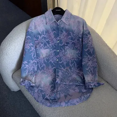Floral Print Long Sleeve Blue Purple Casual Shirt