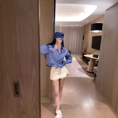 Blue Long Sleeve Shirt White Mini Skirt Casual Outfit