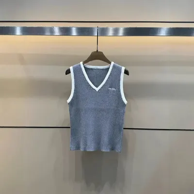 Ribbed V-Neck Sleeveless Top Gray Casual