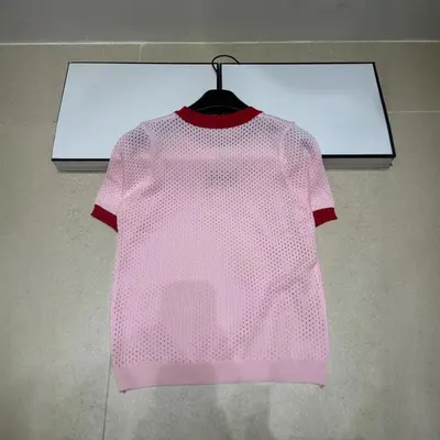 Pink Mesh Short Sleeve Knit Top Red Trim Casual