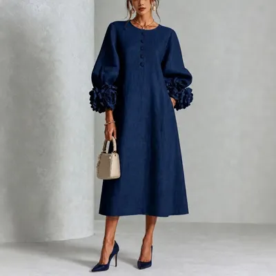 Elegant Navy Blue Midi Dress With Floral Sleeve Design