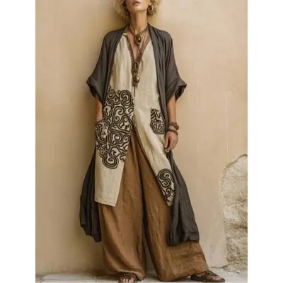 Ethnic Print Long Kimono Beige Boho Robe