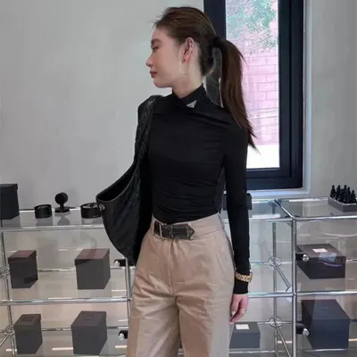Black High Neck Long Sleeve Top Beige Wide Leg Pants