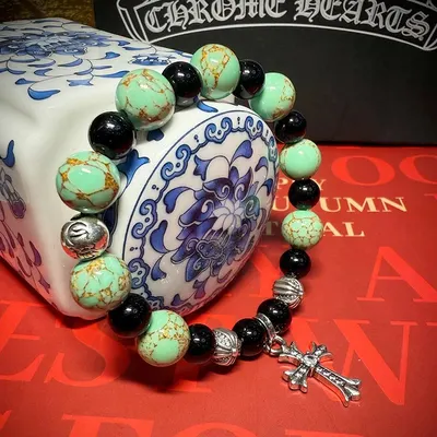 Chrome Hearts Beaded Turquoise Black Silver Cross Bracelet