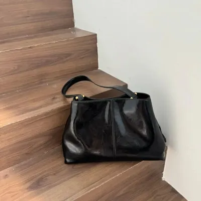 Leather Tote Bag Black Minimalist Shoulder Bag