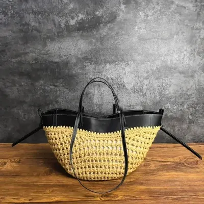 Woven Leather Tote Bag Yellow Black Boho Style