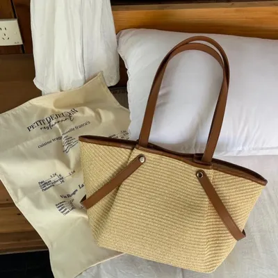 Woven Tote Bag Beige Leather Trim Casual Handbag