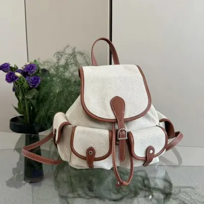 Canvas Backpack Beige Vintage Style