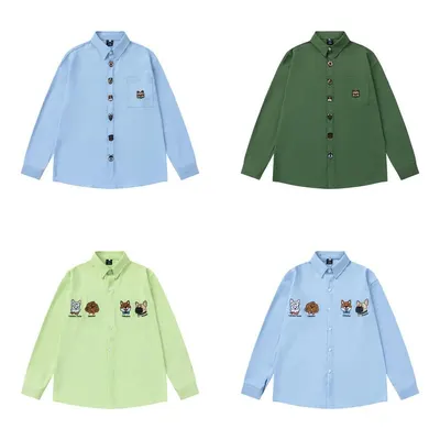 Cute Dog Embroidered Long Sleeve Shirt Light Blue Casual