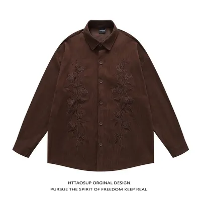 Httaosup Corduroy Brown Embroidered Shirt