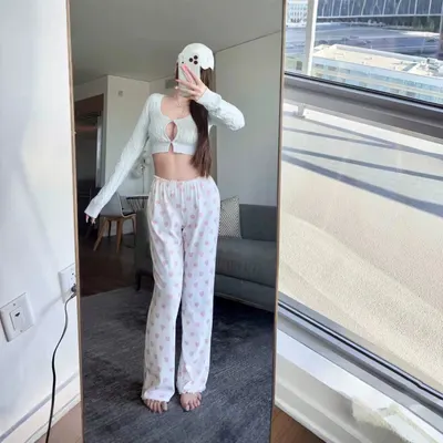 White Knit Crop Top White Heart Print Lounge Pants