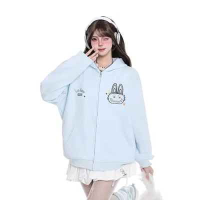 Cute Bunny Print Light Blue Zip-Up Hoodie