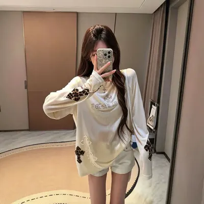 Unbranded Long Sleeve Cream Leopard Print Casual T-Shirt