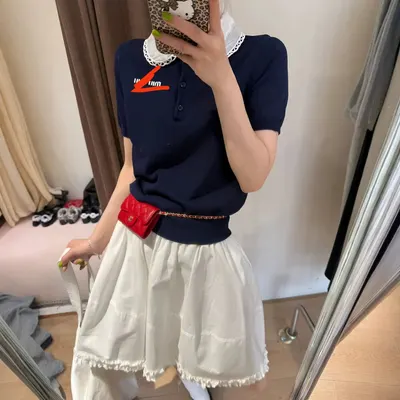 Unbranded Navy Blue Short Sleeve Polo Shirt With Lace Collar