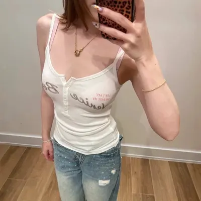 White Printed Ribbed Tank Top Casual