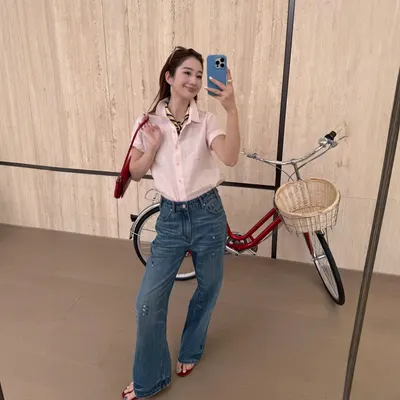 Pink Linen Shirt Blue Wide Leg Jeans