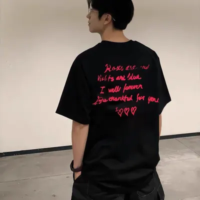 Black Graphic Print T-Shirt Red Lettering Casual