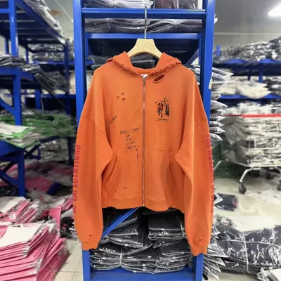 Orange Zip-Up Hoodie With Graphic Print Streetwear