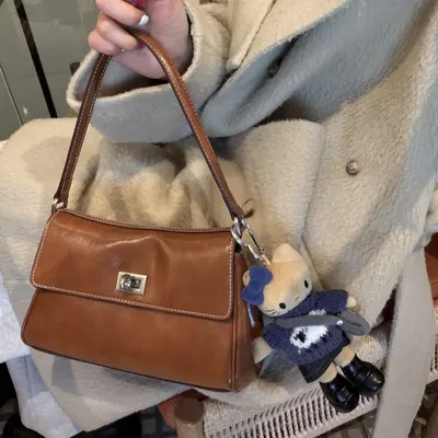 Brown Leather Crossbody Bag With Hello Kitty Charm