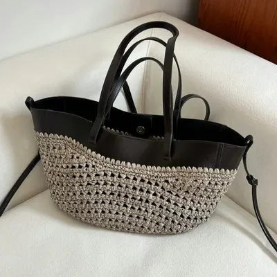 Woven Leather Tote Bag Beige And Black Fashion Handbag