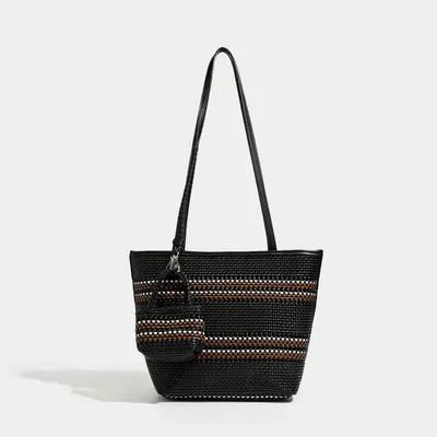 Woven Tote Bag Black Striped Pattern Handbag