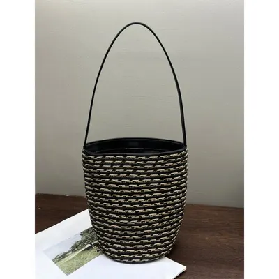 Straw Weave Bucket Bag Black And Beige Fashion Handbag
