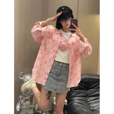 Pink Heart Print Long Sleeve Shirt Casual Style