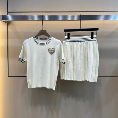 Miu Miu White Knit T-Shirt And Skirt Set
